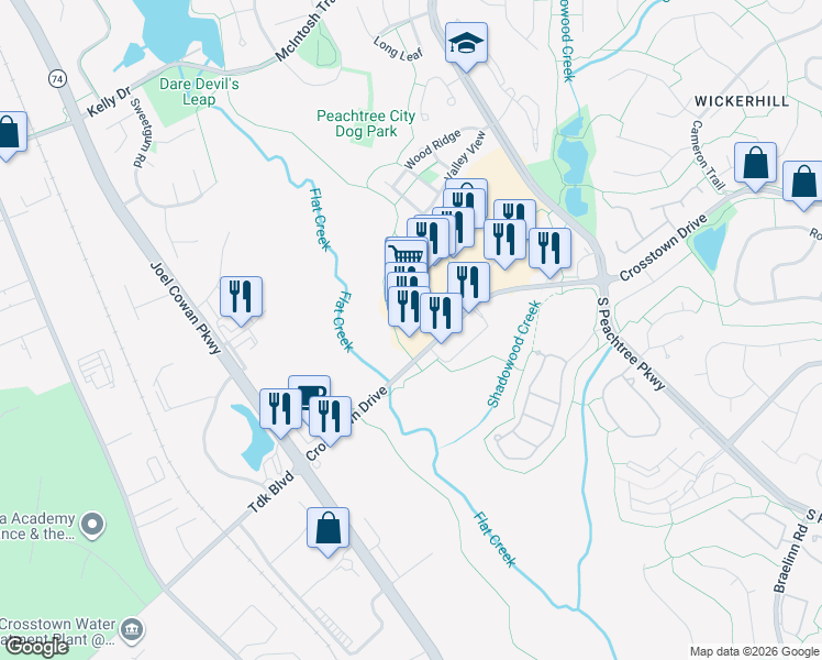 map of restaurants, bars, coffee shops, grocery stores, and more near 795 Crosstown Drive in Peachtree City