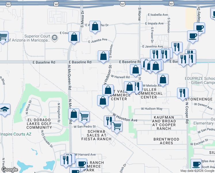 map of restaurants, bars, coffee shops, grocery stores, and more near 1345 North Hobson Street in Gilbert