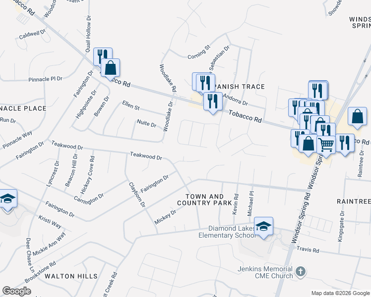 map of restaurants, bars, coffee shops, grocery stores, and more near 3707 Teakwood Court in Hephzibah