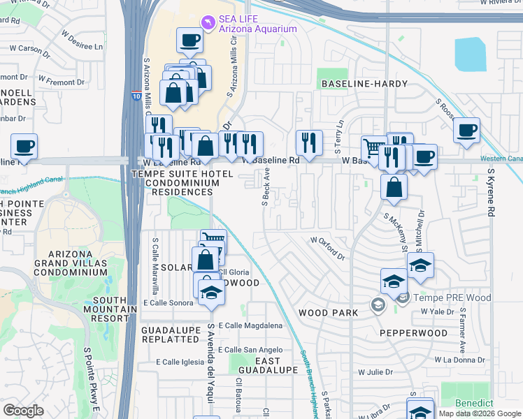 map of restaurants, bars, coffee shops, grocery stores, and more near 17 South Beck Avenue in Tempe