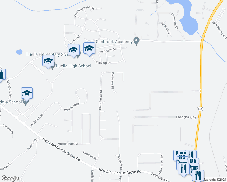 map of restaurants, bars, coffee shops, grocery stores, and more near 1033 Battersea Place in Locust Grove