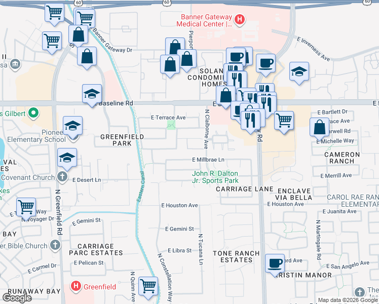 map of restaurants, bars, coffee shops, grocery stores, and more near 2977 East Michelle Way in Gilbert