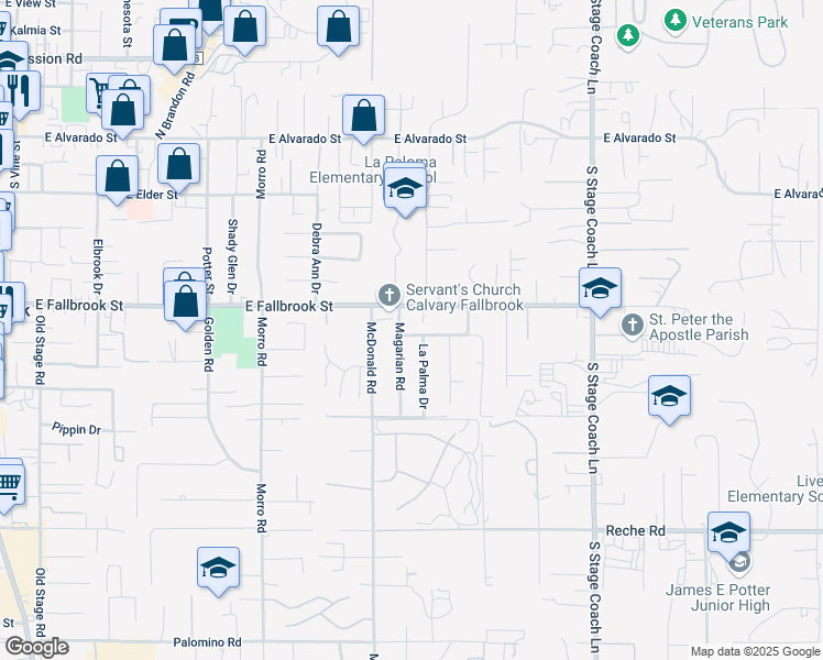 map of restaurants, bars, coffee shops, grocery stores, and more near 1141 Juliette Place in Fallbrook