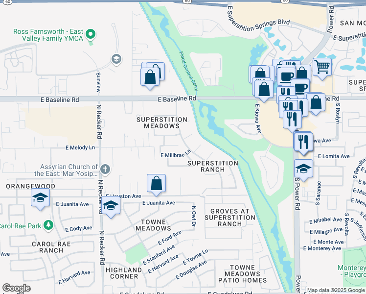 map of restaurants, bars, coffee shops, grocery stores, and more near 4352 East Santa Rosa Place in Gilbert