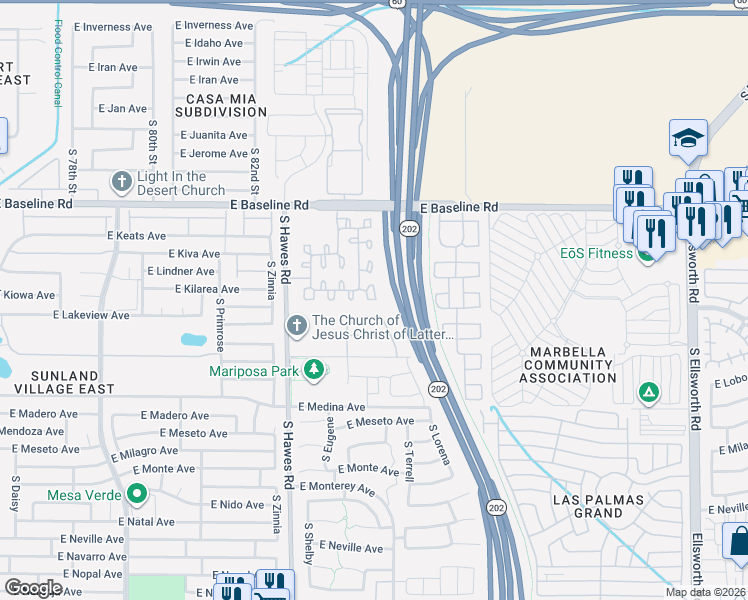 map of restaurants, bars, coffee shops, grocery stores, and more near 2141 South Luther in Mesa