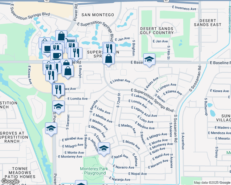 map of restaurants, bars, coffee shops, grocery stores, and more near 7152 East Lakeview Avenue in Mesa