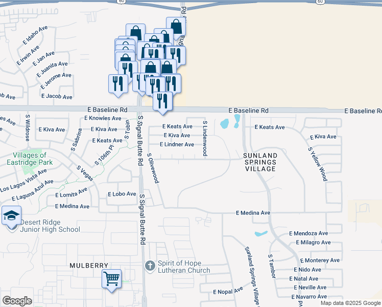 map of restaurants, bars, coffee shops, grocery stores, and more near 11010 East Lindner Avenue in Mesa