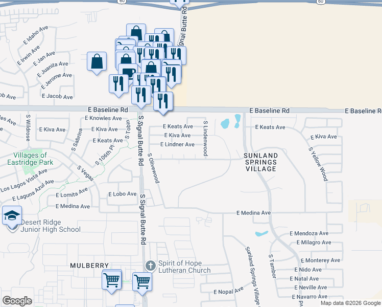 map of restaurants, bars, coffee shops, grocery stores, and more near 11010 East Lindner Avenue in Mesa