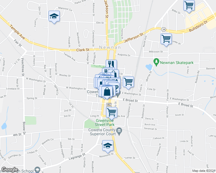map of restaurants, bars, coffee shops, grocery stores, and more near 20 Jefferson Street in Newnan