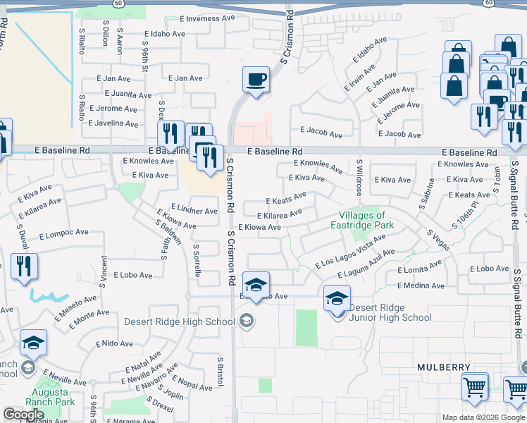 map of restaurants, bars, coffee shops, grocery stores, and more near 10112 East Keats Avenue in Mesa