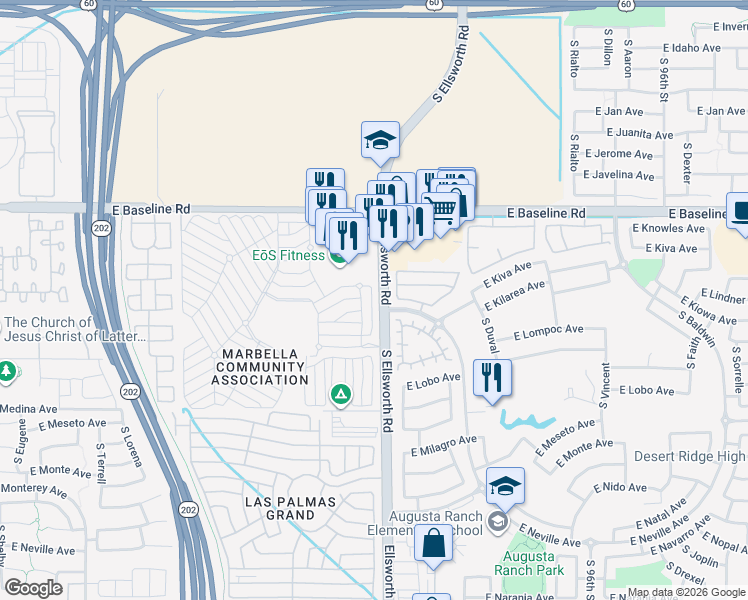 map of restaurants, bars, coffee shops, grocery stores, and more near 2132 South Bernard in Mesa