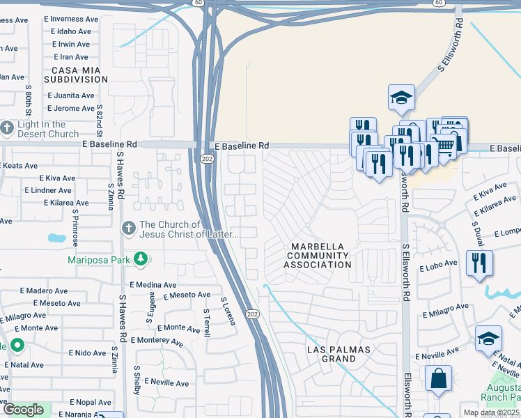 map of restaurants, bars, coffee shops, grocery stores, and more near 2127 South Gordon in Mesa
