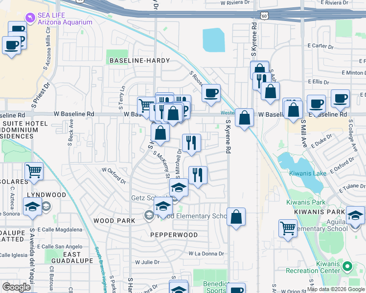 map of restaurants, bars, coffee shops, grocery stores, and more near 5305 South Mitchell Drive in Tempe