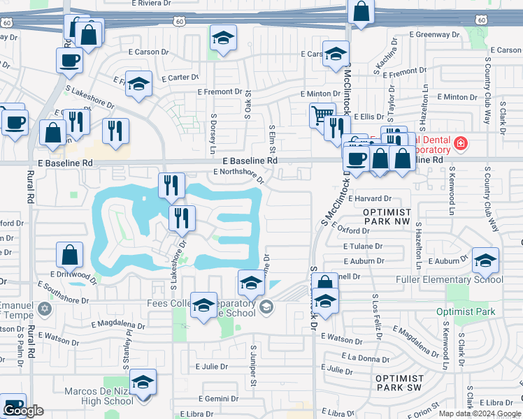 map of restaurants, bars, coffee shops, grocery stores, and more near 1501 East Windjammer Way in Tempe