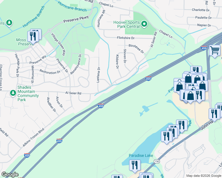 map of restaurants, bars, coffee shops, grocery stores, and more near 436 Highland Cove Drive in Birmingham