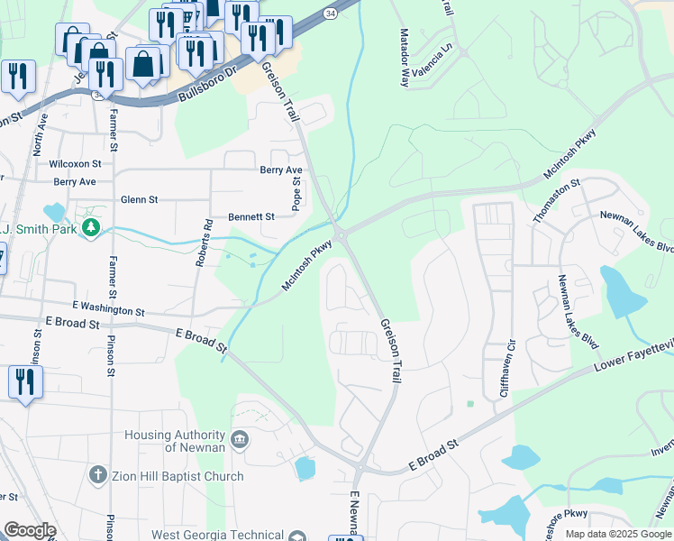 map of restaurants, bars, coffee shops, grocery stores, and more near 123 Chastain Circle in Newnan