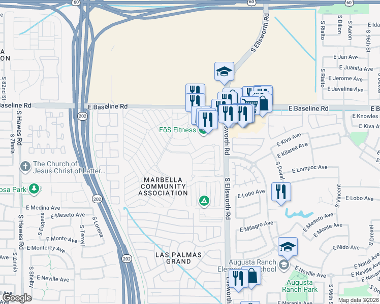 map of restaurants, bars, coffee shops, grocery stores, and more near 2206 South Ellsworth Road in Mesa