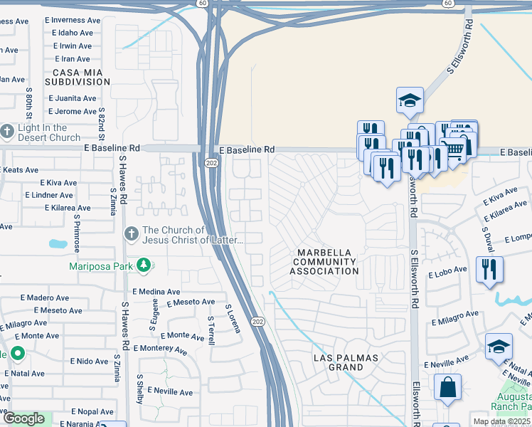 map of restaurants, bars, coffee shops, grocery stores, and more near 2127 South Gordon in Mesa