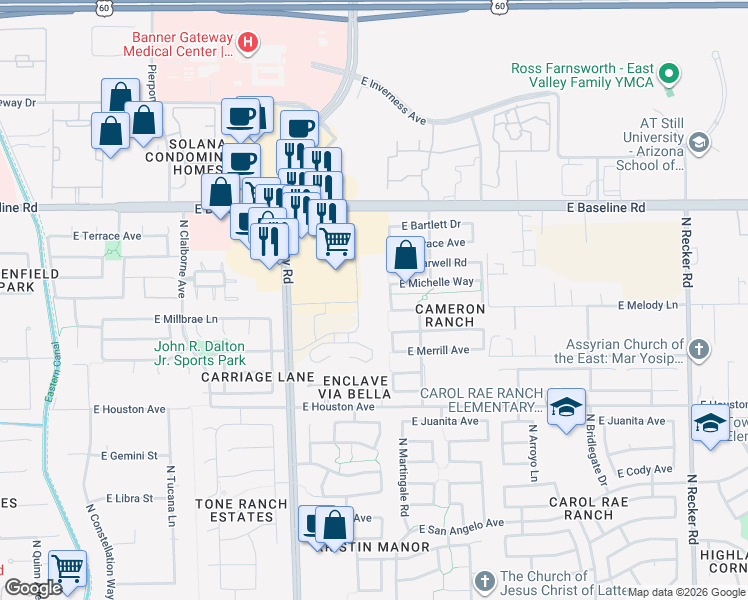 map of restaurants, bars, coffee shops, grocery stores, and more near 3414 East Michelle Way in Gilbert