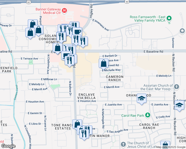 map of restaurants, bars, coffee shops, grocery stores, and more near 3414 East Michelle Way in Gilbert