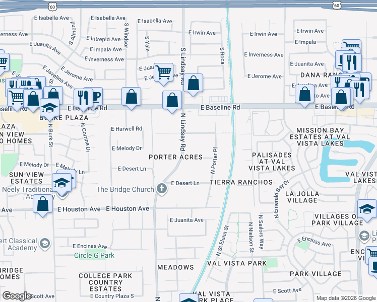map of restaurants, bars, coffee shops, grocery stores, and more near 901 East Harwell Road in Gilbert