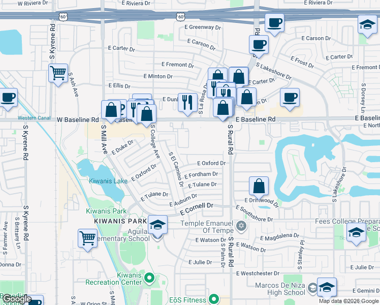 map of restaurants, bars, coffee shops, grocery stores, and more near 510 East Colgate Drive in Tempe