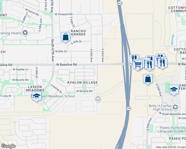 map of restaurants, bars, coffee shops, grocery stores, and more near 6314 West Valencia Drive in Phoenix