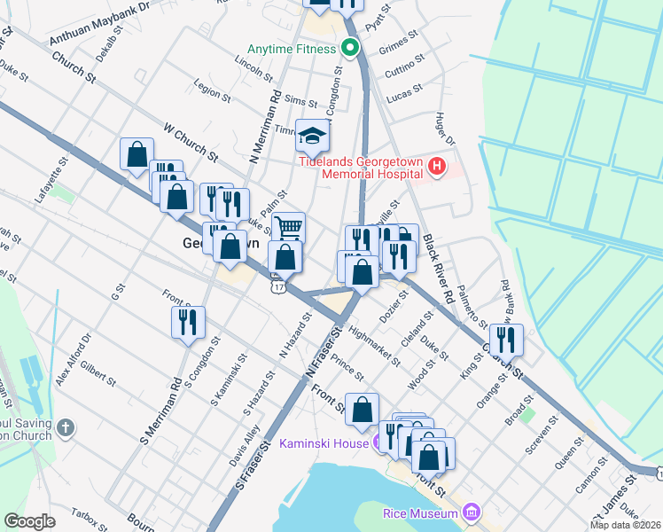 map of restaurants, bars, coffee shops, grocery stores, and more near 3 Azalea Circle in Georgetown