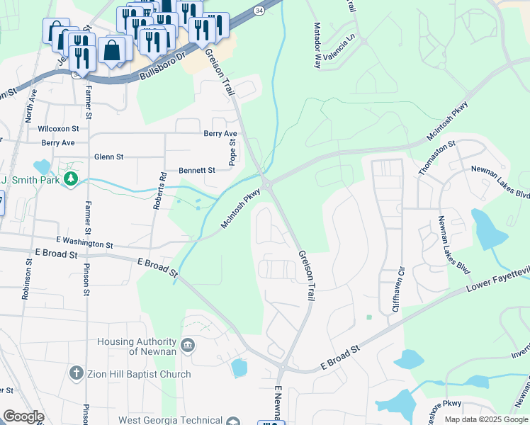 map of restaurants, bars, coffee shops, grocery stores, and more near 123 Chastain Circle in Newnan