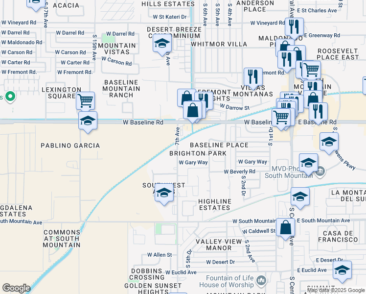 map of restaurants, bars, coffee shops, grocery stores, and more near 7801 South 7th Avenue in Phoenix