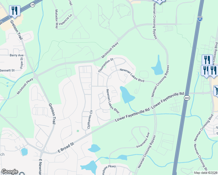 map of restaurants, bars, coffee shops, grocery stores, and more near 40 Newnan Lakes Drive in Newnan