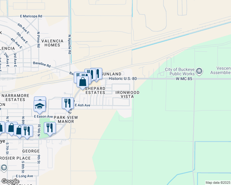 map of restaurants, bars, coffee shops, grocery stores, and more near 1615 East Silverbirch Avenue in Buckeye