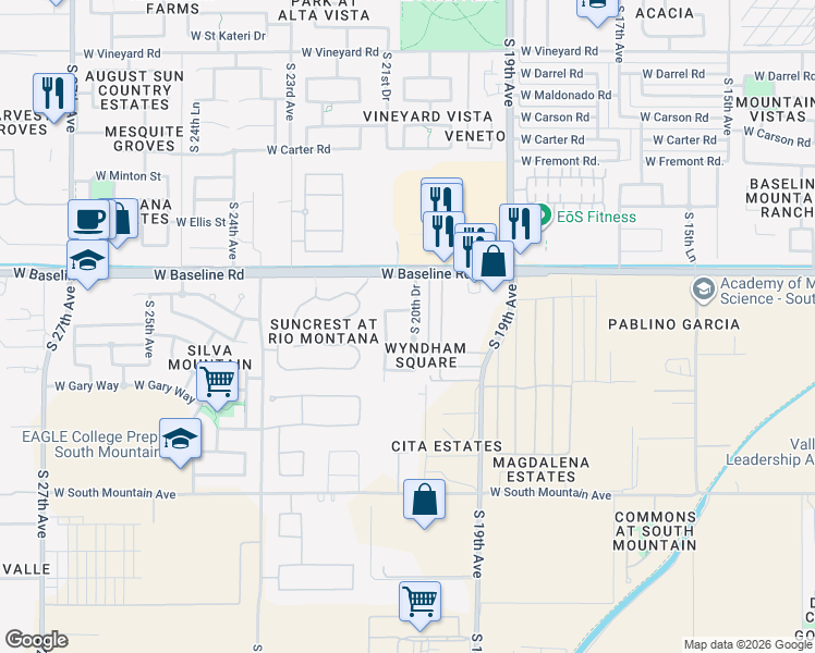 map of restaurants, bars, coffee shops, grocery stores, and more near 7719 South 20th Drive in Phoenix
