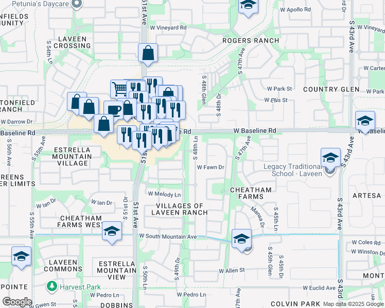 map of restaurants, bars, coffee shops, grocery stores, and more near 7710 South 48th Lane in Phoenix