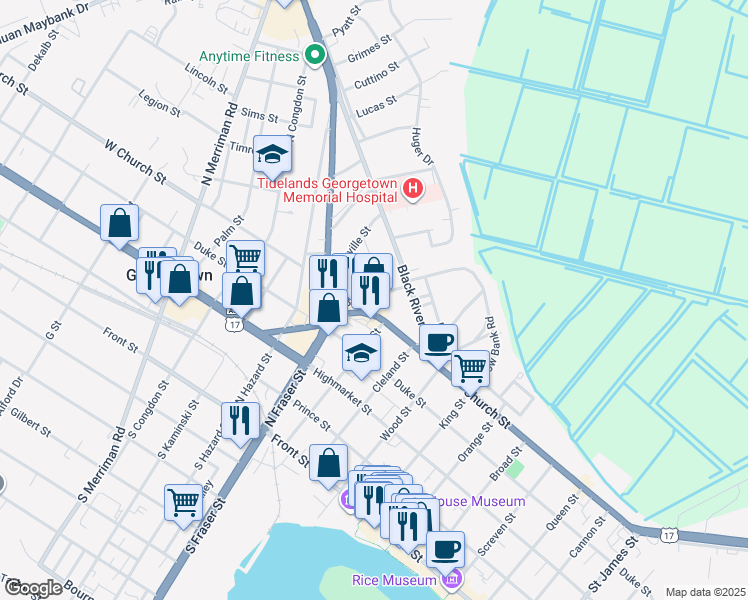 map of restaurants, bars, coffee shops, grocery stores, and more near 525 Bonds Street in Georgetown