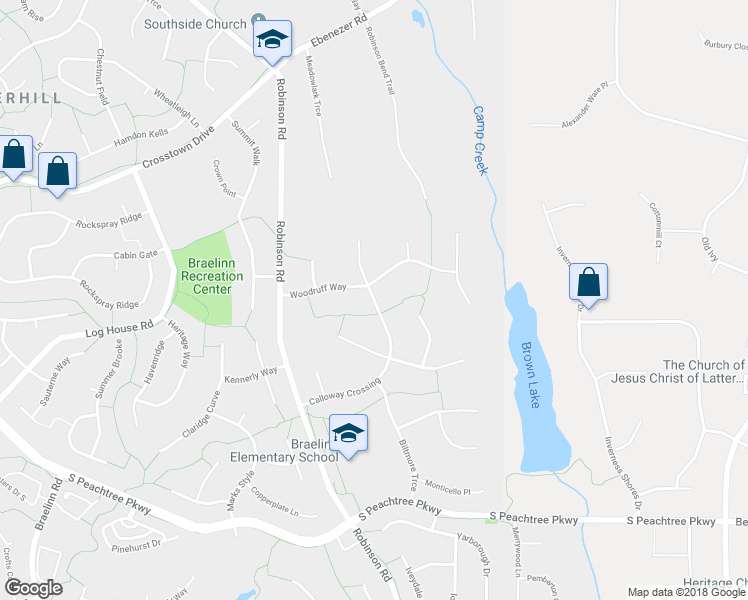 map of restaurants, bars, coffee shops, grocery stores, and more near 124 Calloway Crossing in Peachtree City