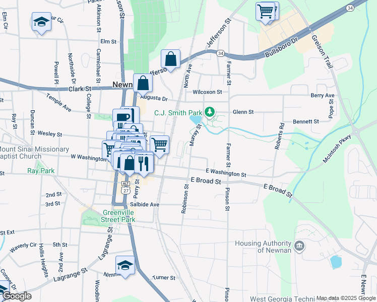 map of restaurants, bars, coffee shops, grocery stores, and more near 68 Murray Street in Newnan