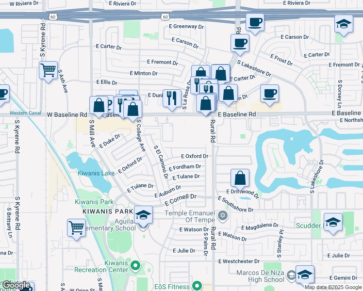 map of restaurants, bars, coffee shops, grocery stores, and more near 510 East Colgate Drive in Tempe