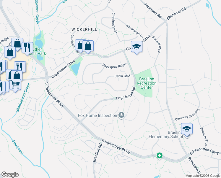 map of restaurants, bars, coffee shops, grocery stores, and more near 120 Rockspray Ridge in Peachtree City