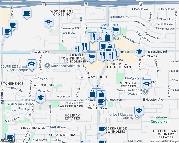 map of restaurants, bars, coffee shops, grocery stores, and more near 48 West Hancock Avenue in Gilbert