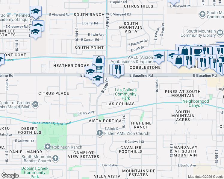 map of restaurants, bars, coffee shops, grocery stores, and more near 1706 East Branham Lane in Phoenix