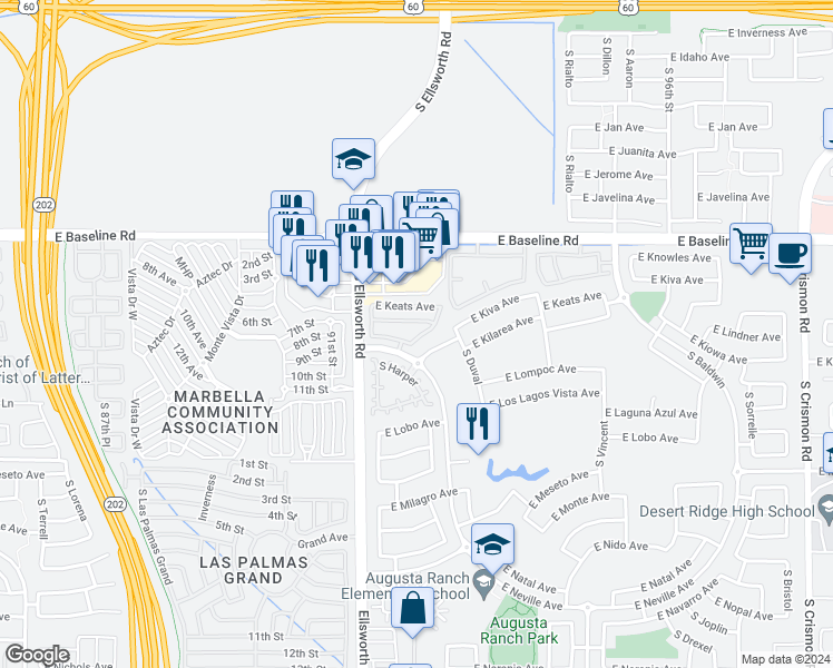 map of restaurants, bars, coffee shops, grocery stores, and more near 2150 South Compton in Mesa