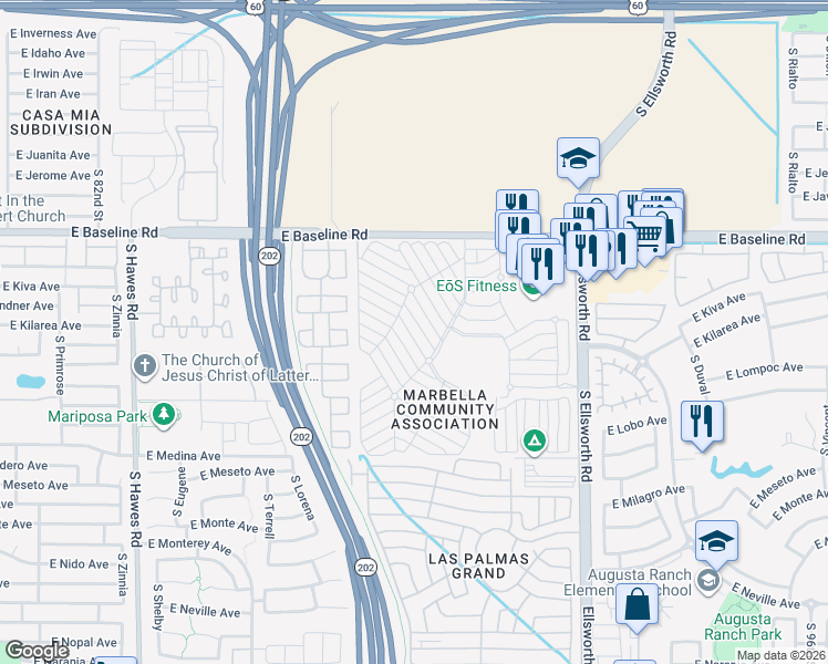map of restaurants, bars, coffee shops, grocery stores, and more near 8865 East Baseline Road in Mesa