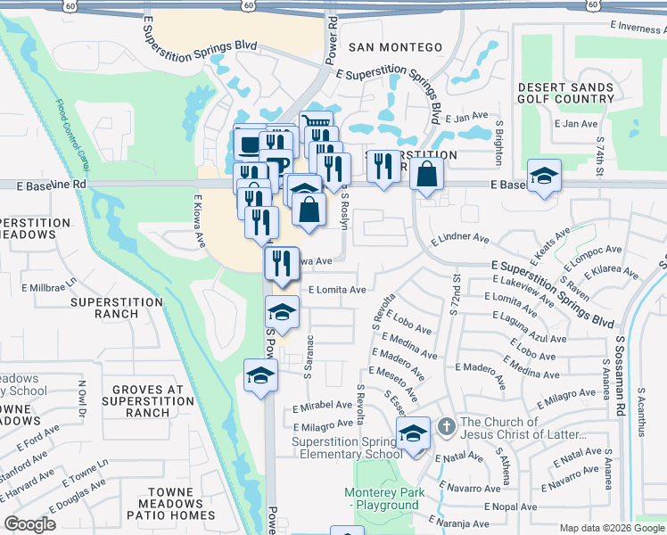 map of restaurants, bars, coffee shops, grocery stores, and more near 2128 South Edgewater in Mesa