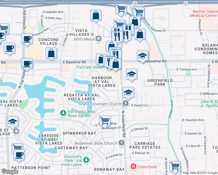 map of restaurants, bars, coffee shops, grocery stores, and more near 1410 North San Joaquin Drive in Gilbert