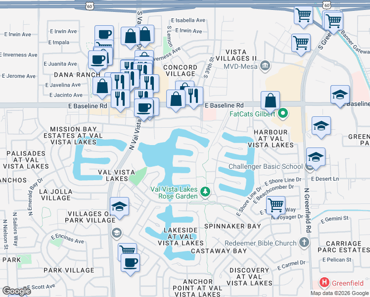 map of restaurants, bars, coffee shops, grocery stores, and more near 1814 East Catamaran Drive in Gilbert