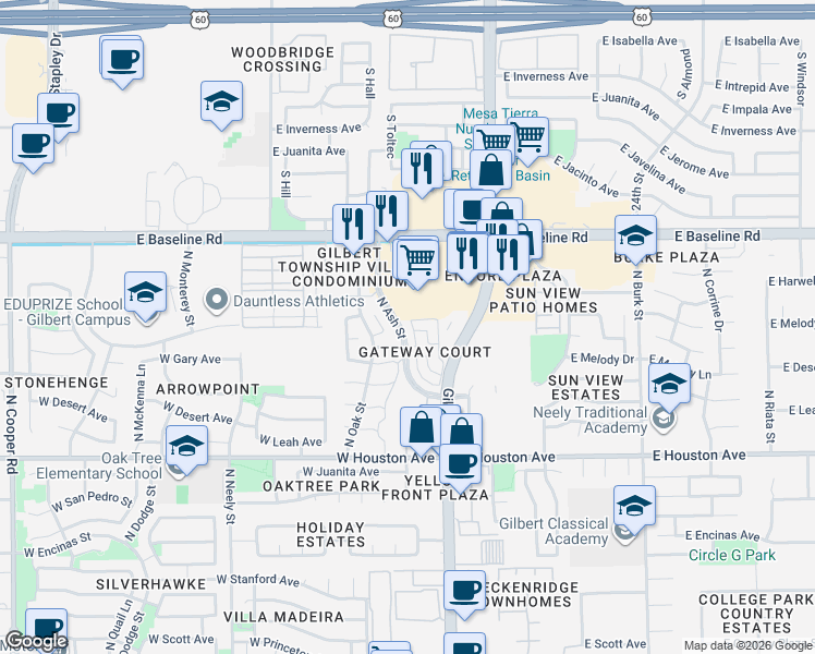 map of restaurants, bars, coffee shops, grocery stores, and more near 48 West Hancock Avenue in Gilbert