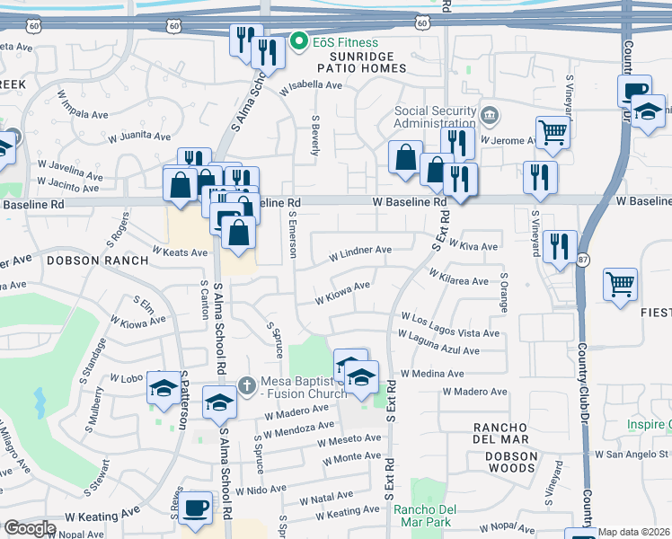 map of restaurants, bars, coffee shops, grocery stores, and more near 855 West Lindner Avenue in Mesa