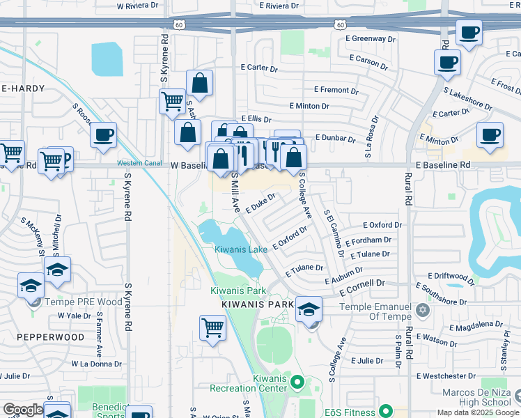 map of restaurants, bars, coffee shops, grocery stores, and more near 112 Deborah Avenue in Tempe