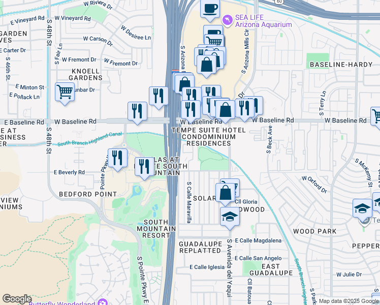 map of restaurants, bars, coffee shops, grocery stores, and more near 5420 East Calle Cerritos in Guadalupe